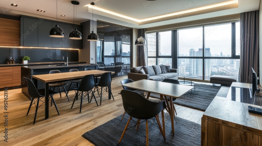Picture of Modern Apartment Interior Design with City View Black and Wooden ...