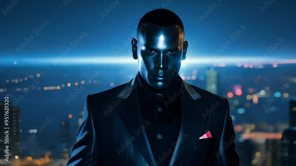 Mysterious figure stands atop a skyscraper overlooking a vibrant city skyline at night Mysterious figure stands atop a skyscraper overlooking a vibrant city skyline at night