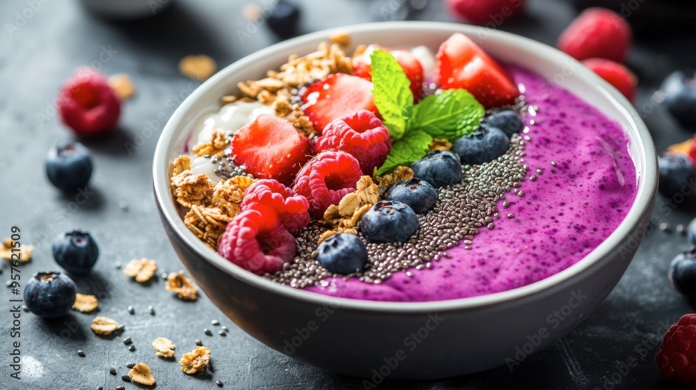 A colorful smoothie bowl topped with fresh berries, granola, chia seeds, and a drizzle of honey, garnished with mint leaves. A colorful smoothie bowl topped with fresh berries, granola, chia seeds, and a drizzle of honey, garnished with mint leaves.
