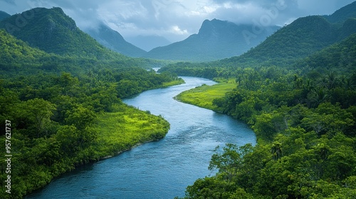 Serene River Winding Through Lush Green Mountains