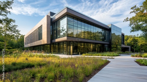 A contemporary office building with a minimalist design, large glass panels, and a well-maintained surrounding landscape.