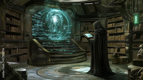 A hooded figure studying an ancient text in a grand library with a futuristic screen.