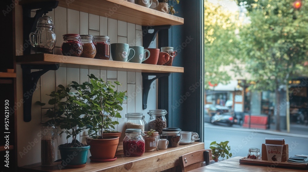 A corner shelf in a cozy displaying coffee mugs, small potted plants, and jars of homemade jam. A corner shelf in a cozy displaying coffee mugs, small potted plants, and jars of homemade jam.