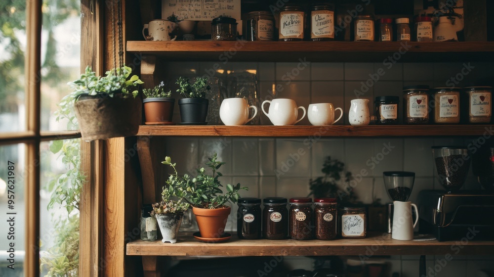A corner shelf in a cozy displaying coffee mugs, small potted plants, and jars of homemade jam. A corner shelf in a cozy displaying coffee mugs, small potted plants, and jars of homemade jam.
