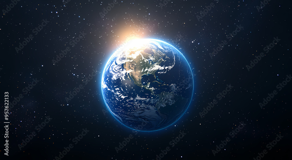 Fototapeta premium Earth Glowing in Space with Starry Sky and Light Rays