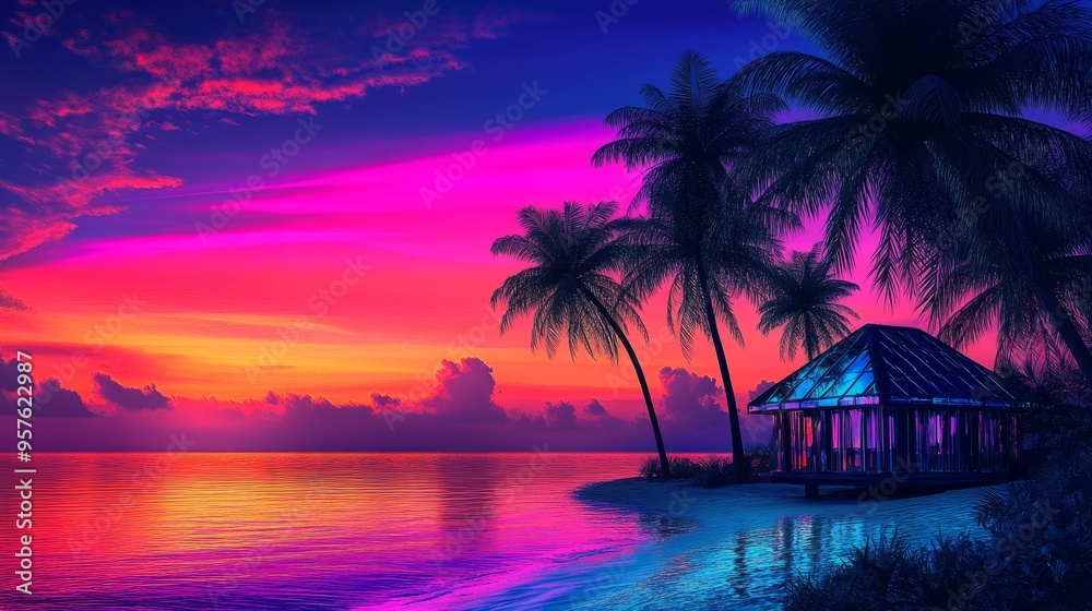 Fototapeta premium Neon Sunset Paradise: Glassmorphism Palm Trees & Chrome Beach Hut