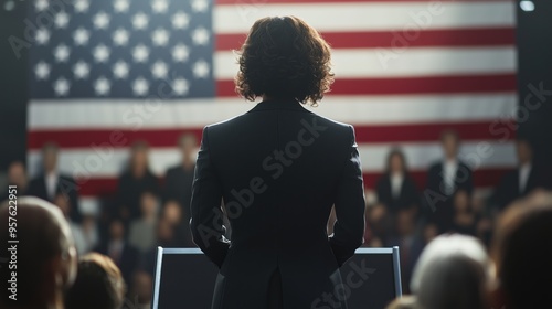 A woman in suit giving speech at the podium of an American campaign rally,  with an American flag behind. Concept for US election.