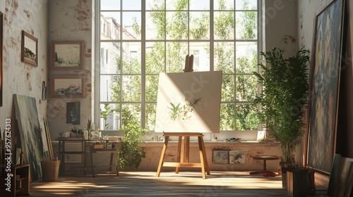 A creative studio with an easel, paints, and canvases, filled with natural light from large windows.