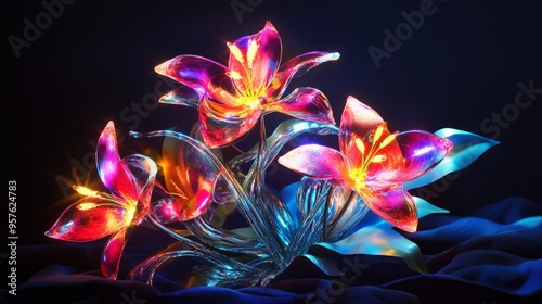 Glowing 3D Petals & Glassmorphism Stems: A Whimsical Floral Arrangement