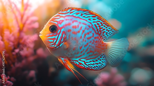 Colorful Discus Fish Swimming in Aquarium - Photo