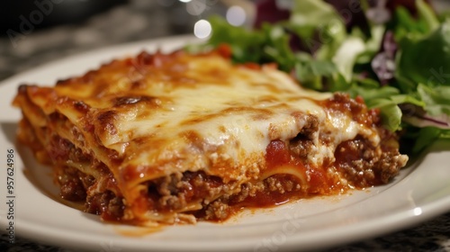 A delicious homemade lasagna with layers of pasta, marinara sauce, ground beef, and melted cheese, served with a side salad.