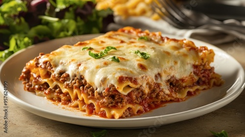 A delicious homemade lasagna with layers of pasta, marinara sauce, ground beef, and melted cheese, served with a side salad.