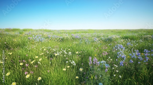 A field of fresh green grass with a few wildflowers scattered throughout, under a clear blue sky.