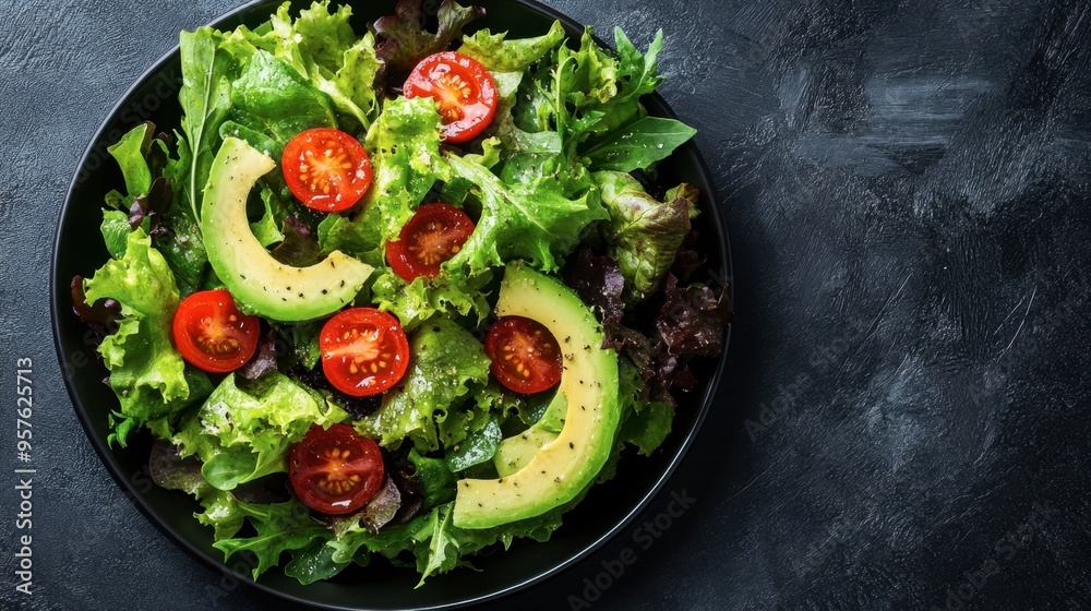 A fresh green salad with mixed greens, avocado slices, cherry tomatoes, and a light vinaigrette dressing. A fresh green salad with mixed greens, avocado slices, cherry tomatoes, and a light vinaigrette dressing.