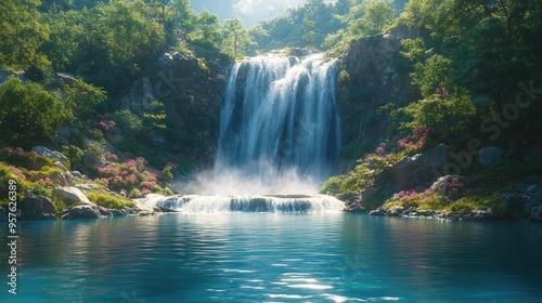 Serene Waterfall Cascading into a Tranquil Lake