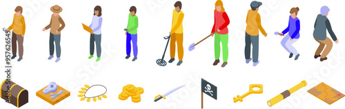 Treasure hunting icons set. Treasure hunters are working with a map, compass, metal detector, and shovel isometric vector illustration