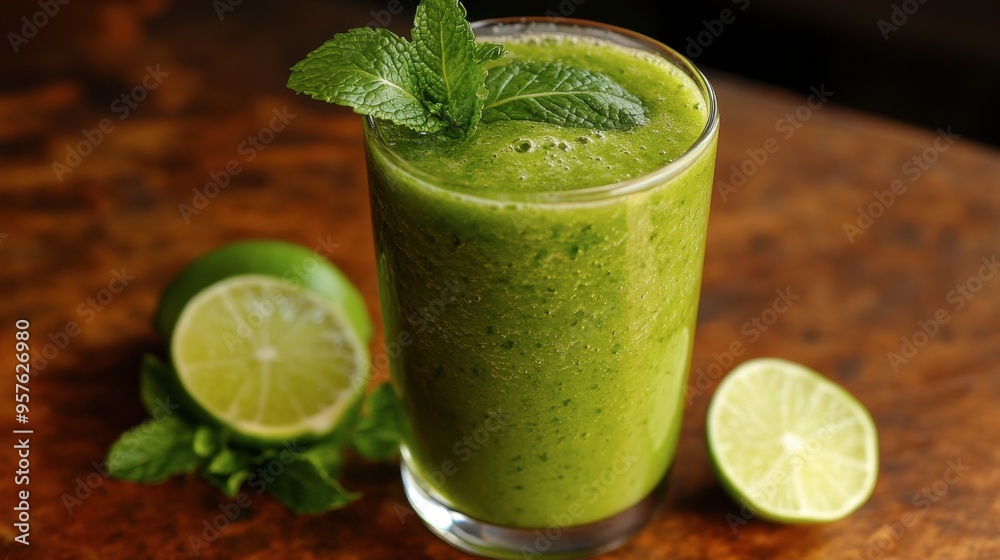 Fototapeta premium A green smoothie in a glass, with a garnish of mint leaves and a slice of lime, sitting on a wooden countertop.