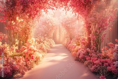 3D Rendering: Pink Floral Pathway with Soft Sunlight