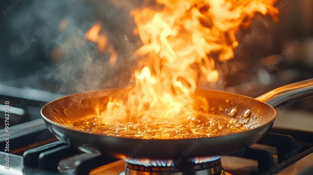 Flaming pan on a stove, flames reaching out, chaotic kitchen scene, high-energy fire explosion, smoke clouds, dark ambiance, dramatic contrast, cinematic shot Flaming pan on a stove, flames reaching out, chaotic kitchen scene, high-energy fire explosion, smoke clouds, dark ambiance, dramatic contrast, cinematic shot