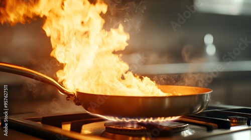 Flaming pan on a stove, flames reaching out, chaotic kitchen scene, high-energy fire explosion, smoke clouds, dark ambiance, dramatic contrast, cinematic shot