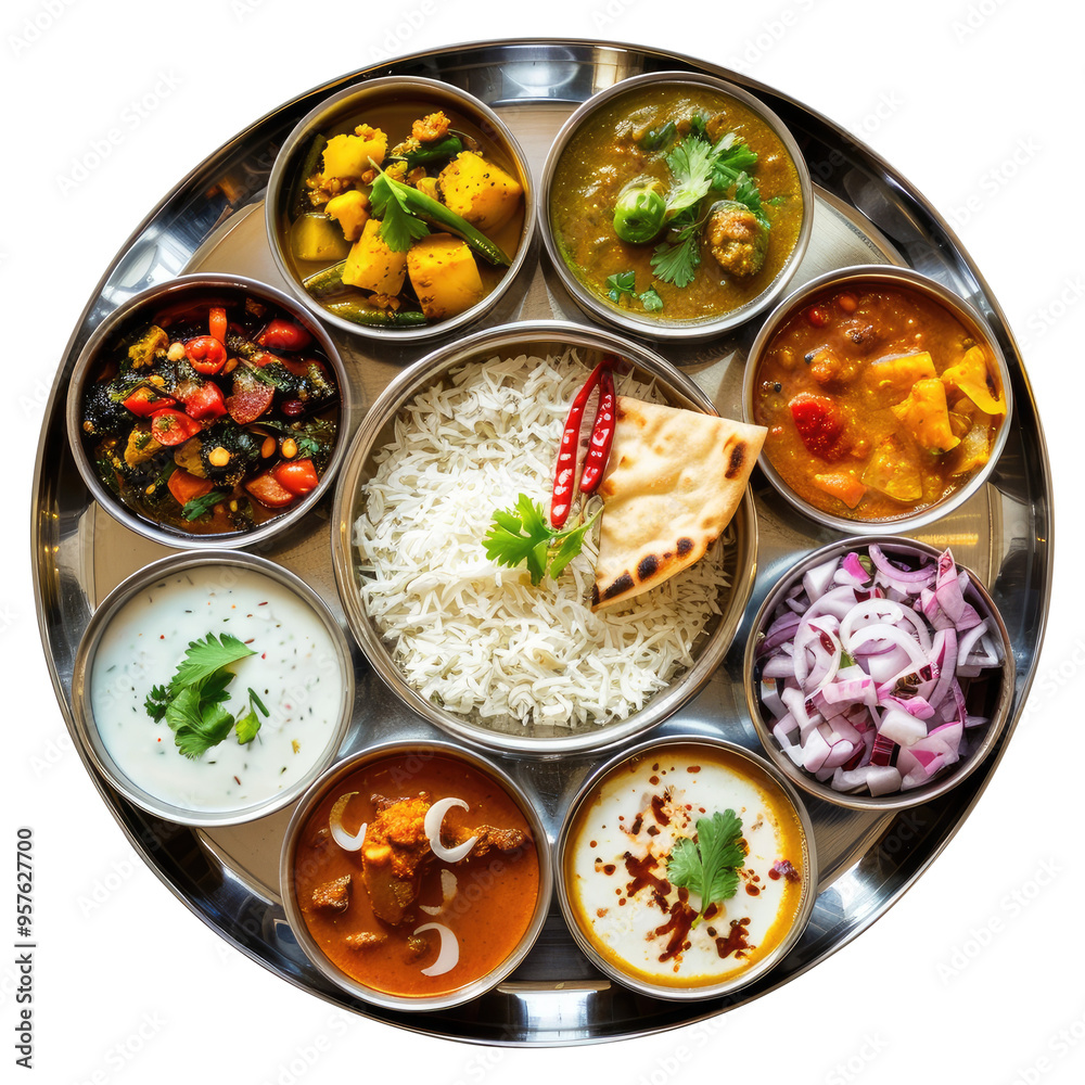 A top view of a delicious traditional Indian thali with various curries and gravies around isolated on transparent white background, clipping path A top view of a delicious traditional Indian thali with various curries and gravies around isolated on transparent white background, clipping path