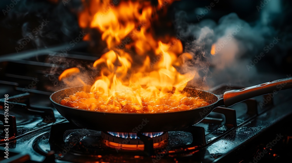 Flaming skillet on a stove, surrounded by smoke-filled kitchen chaos, glowing embers, intense heat, dark tones, high-detail photography, sharp focus Flaming skillet on a stove, surrounded by smoke-filled kitchen chaos, glowing embers, intense heat, dark tones, high-detail photography, sharp focus