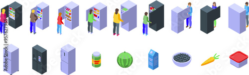 Person open refrigerator icons set. People using modern refrigerators with food inside for storing products isometric set of isolated icons with human characters