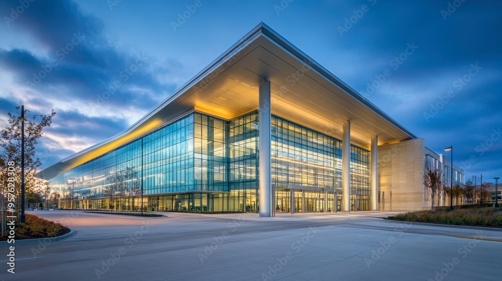 A large convention center with a modern facade, expansive glass walls, and an impressive main entrance. A large convention center with a modern facade, expansive glass walls, and an impressive main entrance.