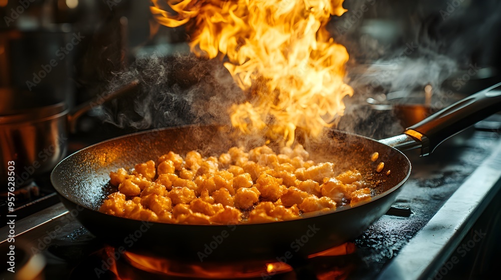 Pan-frying gone wild, flames dancing high above the pan, food sizzling intensely, smoke thick in the air, kitchen chaos captured in vivid detail Pan-frying gone wild, flames dancing high above the pan, food sizzling intensely, smoke thick in the air, kitchen chaos captured in vivid detail