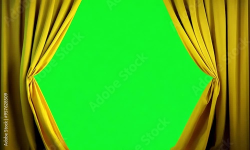 Golden Curtains Reveal: Luxurious golden stage curtains drawn back to reveal a vibrant green screen, perfect for presentations or virtual events.  