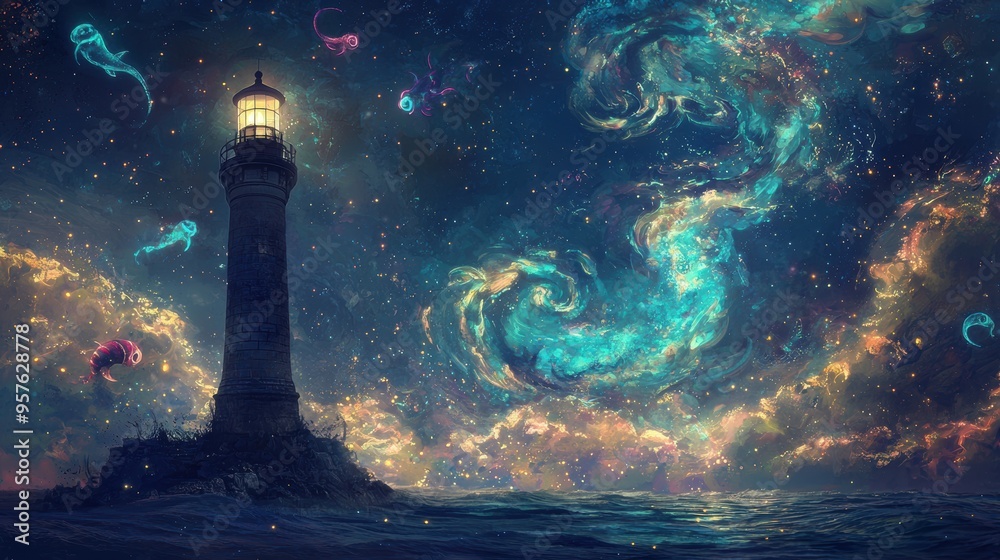 Glowing Fish and Lighthouse in a Starry Night Sky Glowing Fish and Lighthouse in a Starry Night Sky