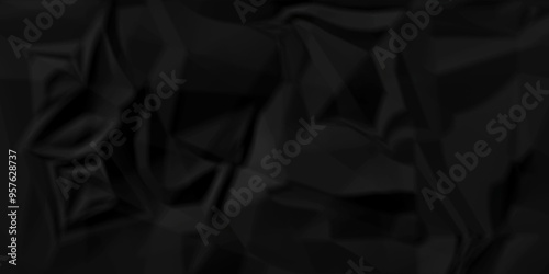 Crumpled texture of dark black wrinkle chaotic paper. close up canvas old crumple black paper sheet abstract shape background space for text.	
