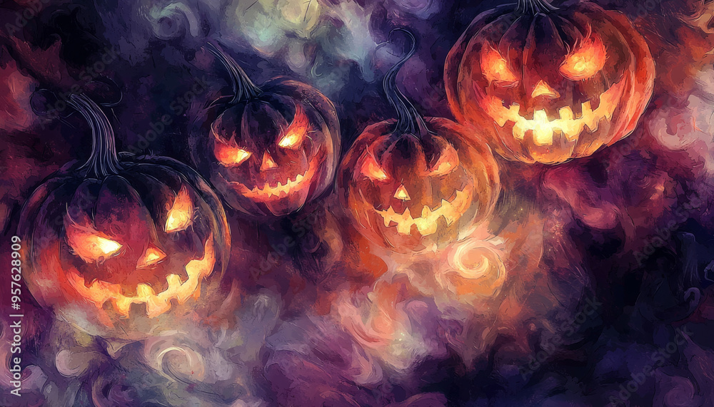 A spooky illustration featuring glowing jack-o'-lanterns against a swirling, dark background, perfect for Halloween themes. A spooky illustration featuring glowing jack-o'-lanterns against a swirling, dark background, perfect for Halloween themes.