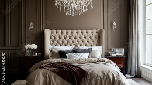 A luxurious bed with a tufted headboard, silky sheets, and a chandelier hanging above, in an elegant bedroom. photo