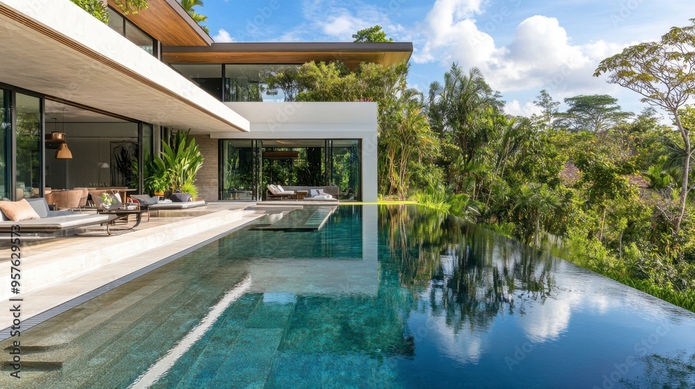 Fototapeta premium A luxurious residential villa with an infinity pool, modern design, and beautifully landscaped grounds.