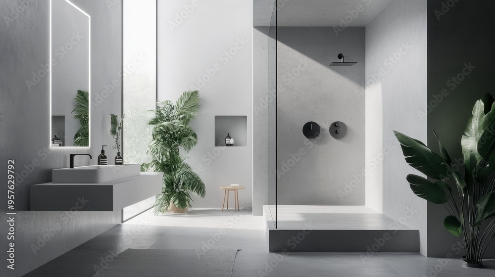 A minimalist bathroom with a walk-in shower, sleek fixtures, and a floating vanity, showcasing clean lines and simplicity. A minimalist bathroom with a walk-in shower, sleek fixtures, and a floating vanity, showcasing clean lines and simplicity.