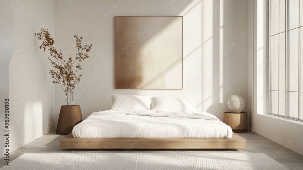 A minimalist bedroom with a platform bed, crisp white linens, and a single piece of abstract art on the wall. A minimalist bedroom with a platform bed, crisp white linens, and a single piece of abstract art on the wall.
