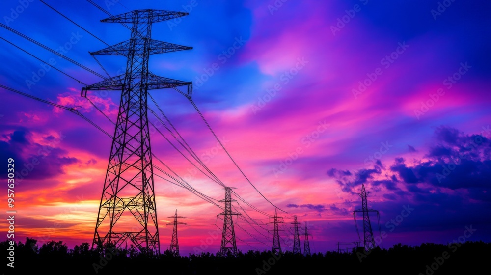 Fototapeta premium A silhouette of high-voltage power lines and towers against a stunning sunset, with the vibrant colors of the sky contrasting with the dark outlines of the infrastructure.