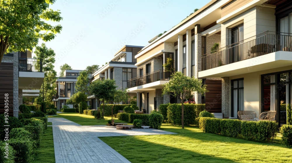 A modern apartment complex with an elegant facade, landscaped courtyards, and stylish balconies. A modern apartment complex with an elegant facade, landscaped courtyards, and stylish balconies.