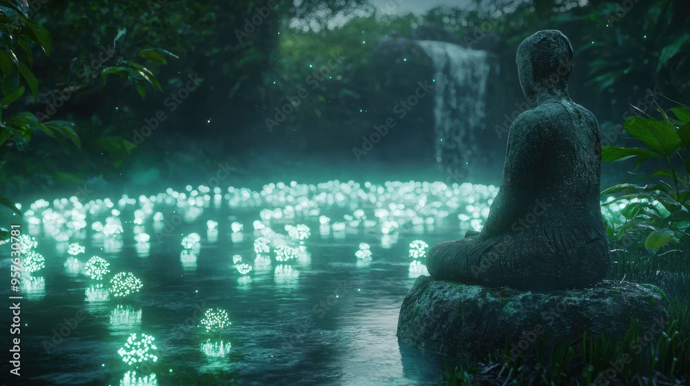 Meditating Statue by a Glowing River in a Mystical Forest Meditating Statue by a Glowing River in a Mystical Forest