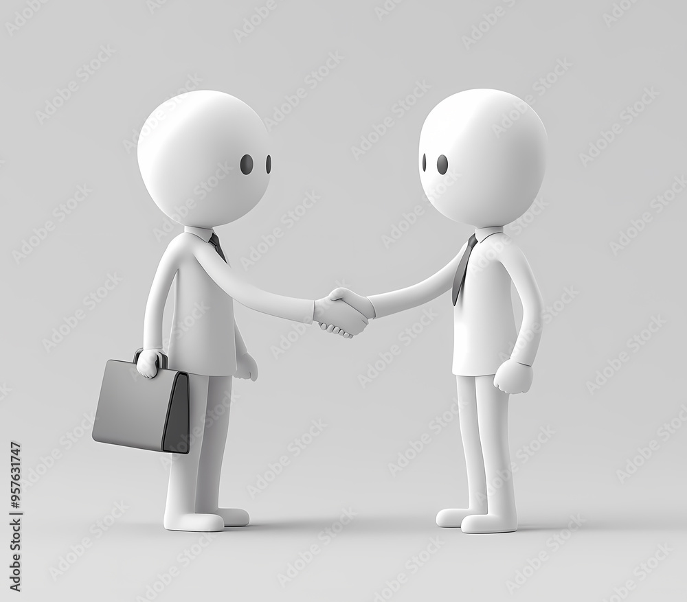 Cartoon-style 3D men shaking hands with briefcase in hand. Cartoon-style 3D men shaking hands with briefcase in hand.