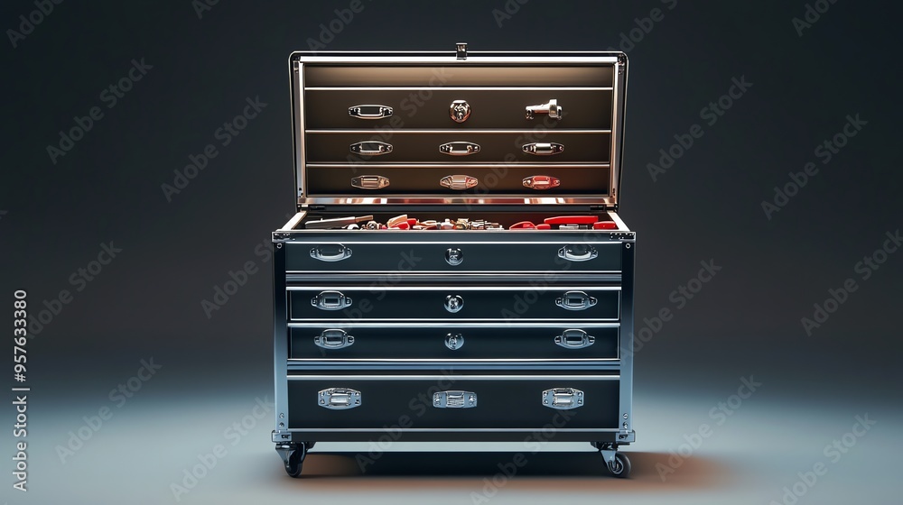 Open Black Metal Tool Chest with Drawers and Tools