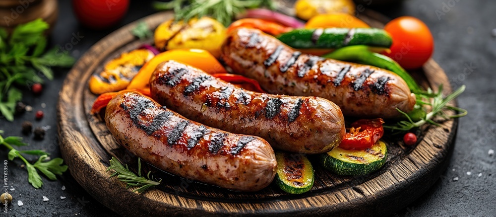 Grilled Sausages with Vegetables on a Wooden Board Grilled Sausages with Vegetables on a Wooden Board