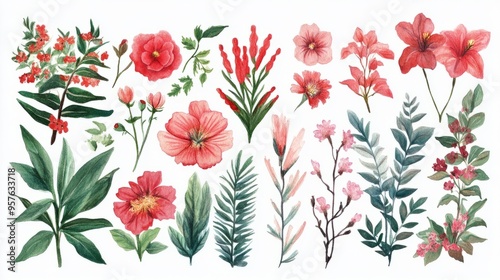 Mughal Garden Watercolor Illustration: Delicate Floral Arrangements on White Background