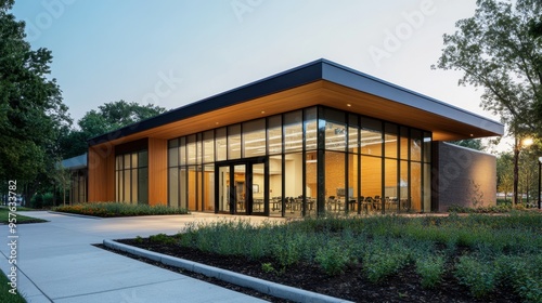 A modern health clinic with clean lines, large glass windows, and a welcoming, accessible entrance.