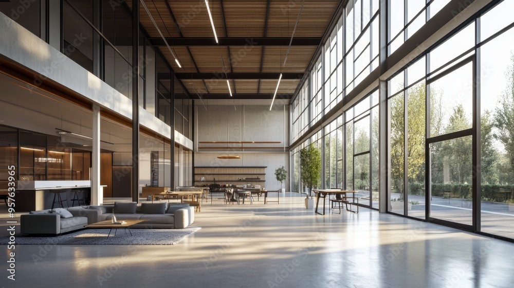 A modern industrial building with exposed steel beams, large glass ...