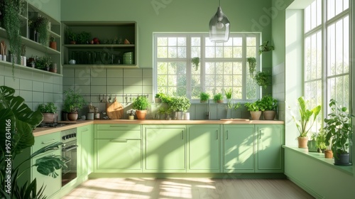 A modern kitchen with green cabinetry, plants on the counter, and a bright, open layout, evoking a fresh, clean look.