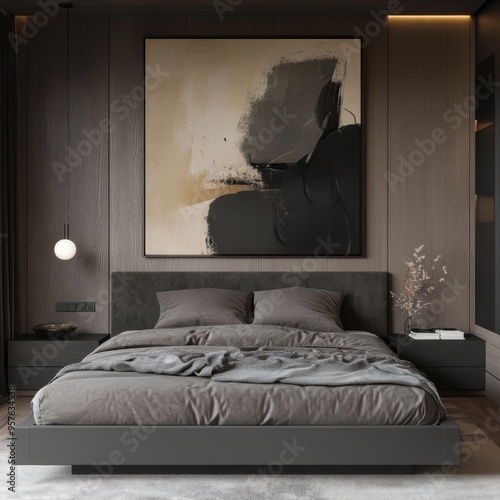 A modern platform bed with sleek lines, grey bedding, and a large piece of abstract art hanging above the headboard