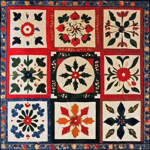 33. **American quilt pattern with patchwork designs and traditional motifs.**