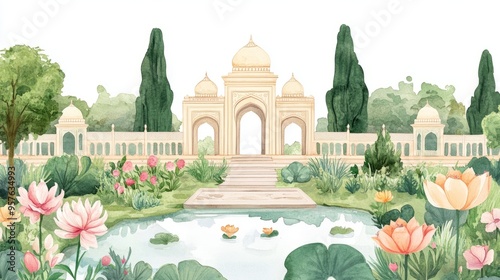 Mughal Garden Watercolor Elements Collection: White Background, AR 169:26